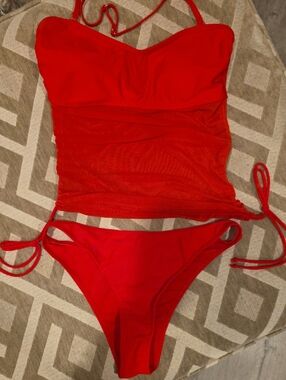 Red Two-Piece Mesh Tankini Swimsuit